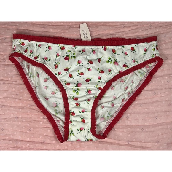 Victoria's Secret Other - Vintage Victoria's Secret COTTON Lingerie Floral Red Trim Panties Ruffle Large